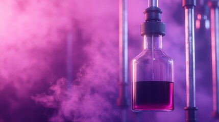 Symbolize of restricted lab. Colorful glass bottle with liquid surrounded by misty atmosphere.