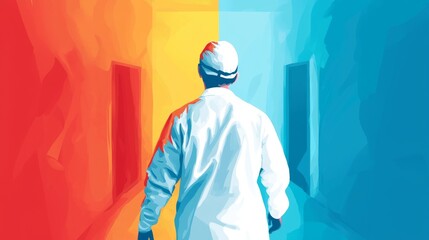 Symbolize of restricted lab. Individual walking through brightly colored corridor pathways.