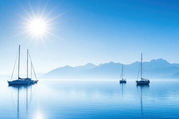 Fototapeta premium Three boats are floating on a calm blue sea