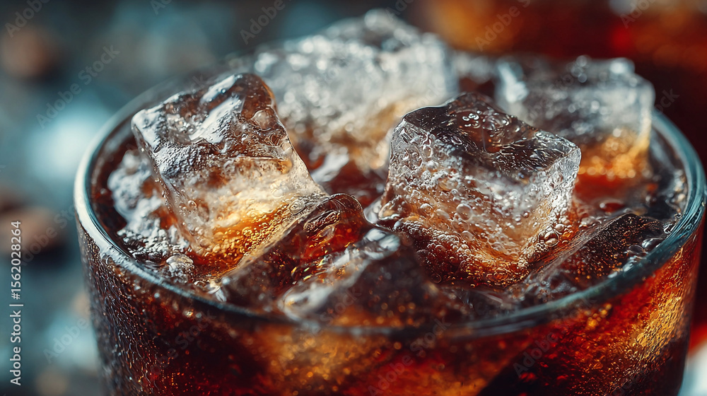 Poster refreshing drink served with ice cubes in a close-up view during a summer gathering