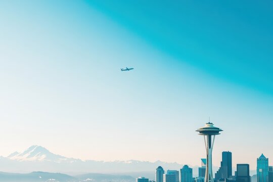A plane flies over a city with a tall building in the background - Powered by Adobe