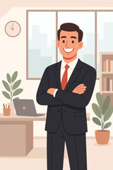 Confident businessman in suit with arms crossed standing in modern office interior, leadership concept, professional executive, corporate workspace, success, business management illustration