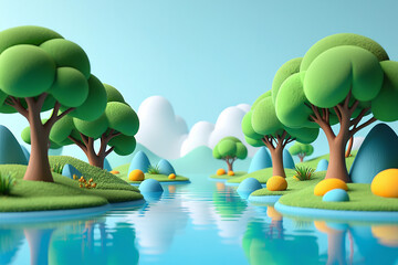 Whimsical cartoon landscape with stylized trees and water reflections