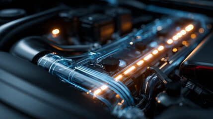 Fototapeta premium Close up of a modern electric car engine, detailed view of advanced automotive technology, innovation in clean energy, futuristic design, and sustainable vehicle power system.