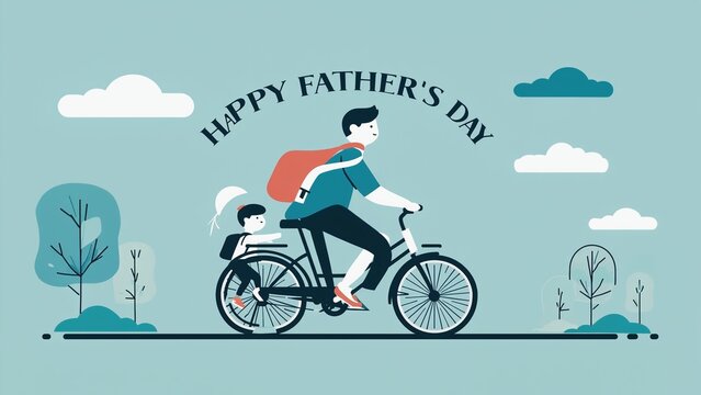 A father rides a bicycle with his young child. The scene features trees and clouds in a light blue background. It celebrates Father's Day.