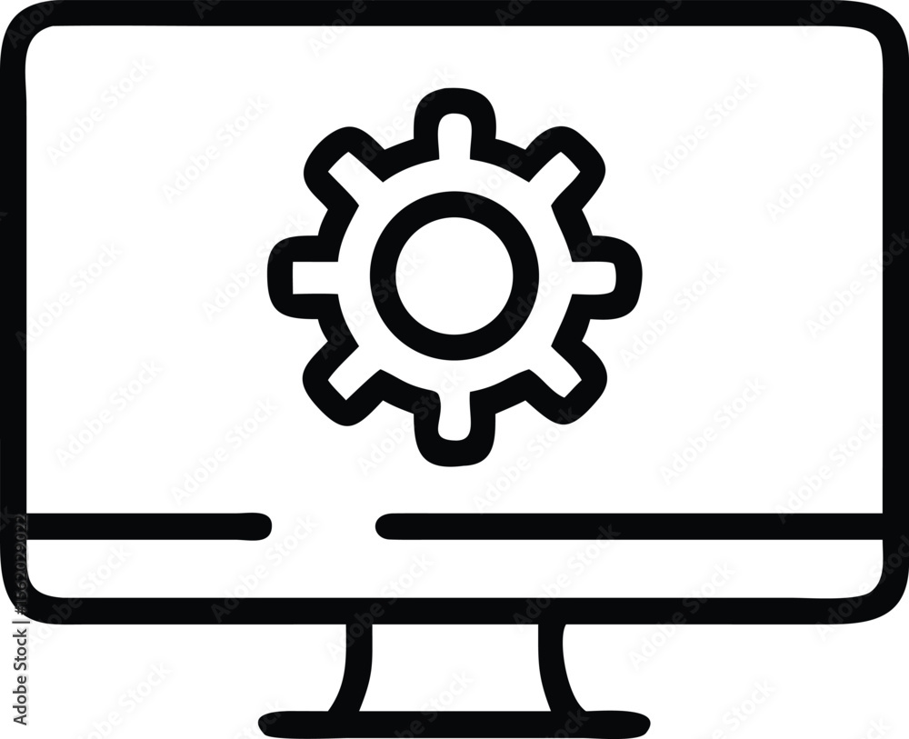 Poster monitor screen with cogwheel outline, settings and configuration line drawing