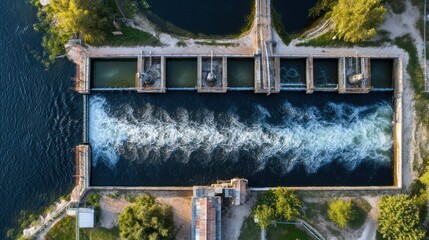 Aerial view of a dam with water flowing through it surrounded by trees.