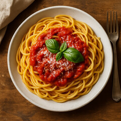 Plate of spaghetti topped with rich tomato sauce and basil