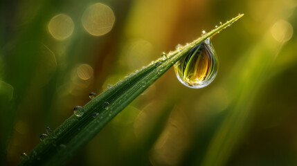 Close up of a single dew drop at the tip of fresh green grass, natural morning scene with clear water droplet, symbol of purity, freshness, and calm nature beauty.