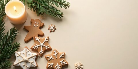 A Festive Arrangement of Delicious Gingerbread Cookies, a Lit Candle, and Fragrant Evergreen Branches on a Warm Beige Background