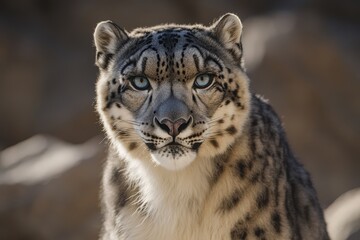 Fototapeta premium Majestic Snow Leopard Portrait with Piercing Blue Eyes