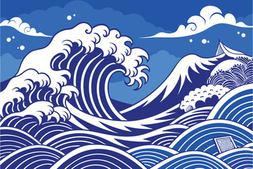 Japanese sea wave background vector. Wallpaper design with white line art and blue ocean wave pattern backdrop