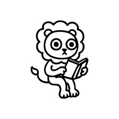 A cartoon lion, with large eyes, is seated and holding a book.  It has simple, bold lines