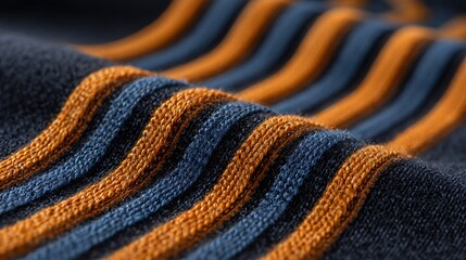 Close up of textured knit fabric with alternating navy blue and burnt orange stripes creating a wavy pattern