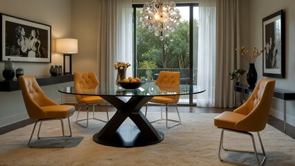 Modern dining room with a glass table and stylish chairs
