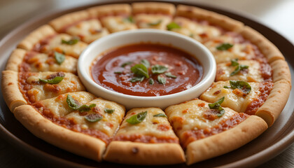 Freshly baked pizza ring with a central dipping sauce bowl, golden crust topped with melted cheese and herbs, creative food presentation, modern comfort food concept, studio lighting, high detail, rea