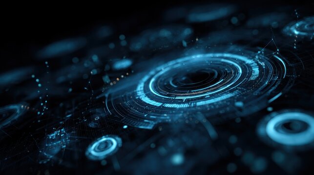 Abstract glowing blue circular shapes on a dark background suggestive of technology.