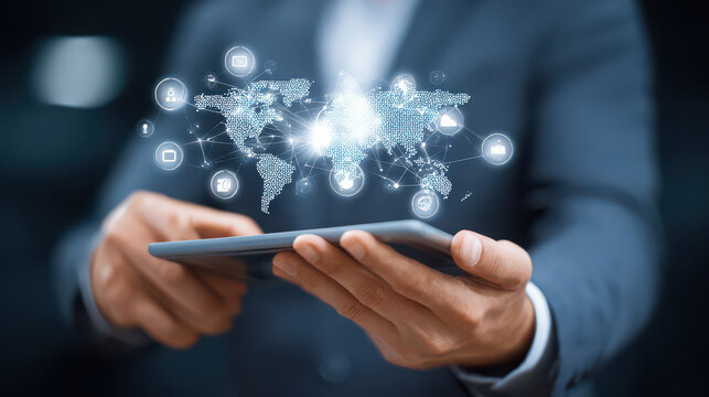 Businessman using tablet with digital world map network
