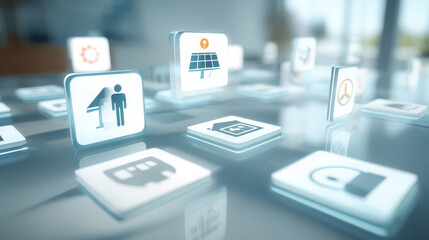 Futuristic solar energy icon with technology interface in office
