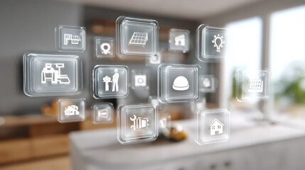 Futuristic smart home interface icons floating in modern kitchen
