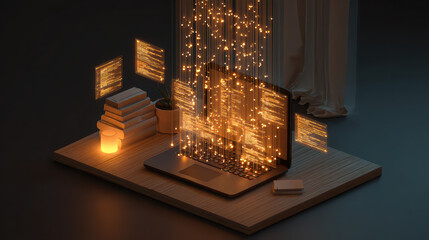 Laptop glowing code digital workspace, books, warm light, night