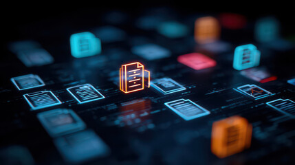 Digital document icon glowing on futuristic data network background