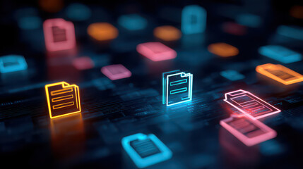 Neon document icon, digital file, data management, glowing