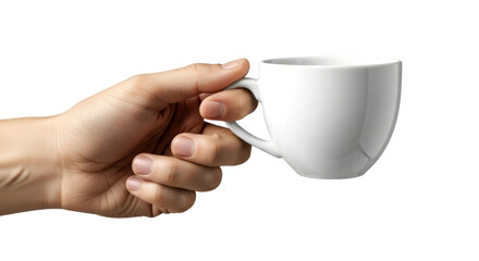 A hand holding a white cup of coffee or tea. Simple, elegant, and pure.