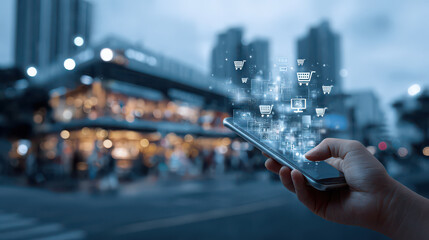 Smartphone online shopping digital icons city background technology
