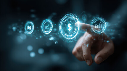 Digital finance technology with businessman hand touching dollar