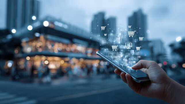 Smartphone online shopping digital icons city background technology