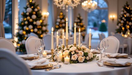 ice palace style dinner setup with white candles, crystal decor, and frosty bokeh.