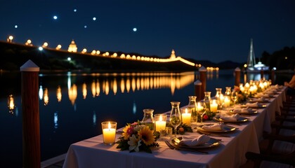 midnight dock dinner with candles, reflections on water, and starry bokeh.