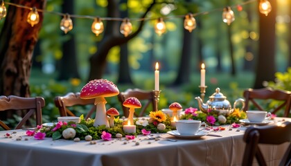 forest fairytale dinner table with mushrooms, tea lights, and magical bokeh in the trees.
