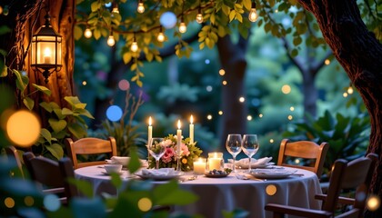 enchanted treehouse dinner with soft candlelight and floating firefly like bokeh.