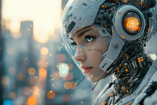 A futuristic cyborg girl with glowing blue eyes gazes at a blurred cityscape, showcasing advanced technology and a blend of human and machine. - Powered by Adobe