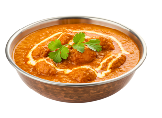 Delicious chicken tikka masala served in a traditional indian karahi dish isolated on transparent background