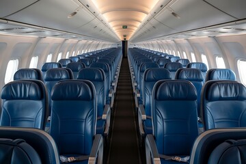 Fototapeta premium Interior view of a modern airplane cabin with rows of empty blue leather seats and overhead compartments illuminated by soft lighting