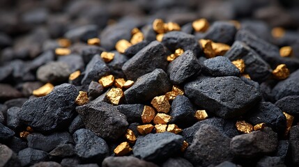 Gleaming gold nuggets scattered among dark volcanic rocks in a close up macro shot