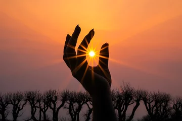 Poster Silhouette of a human hand cupping the sun during a vibrant sunset with rays of light bursting through fingers against a backdrop of bare trees
