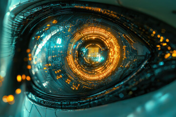 A close-up of a futuristic robotic eye, showcasing intricate circuitry and glowing orange accents.
