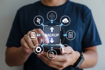 Man using smartphone with digital interface displaying backup and data transfer icons for cloud storage and information security