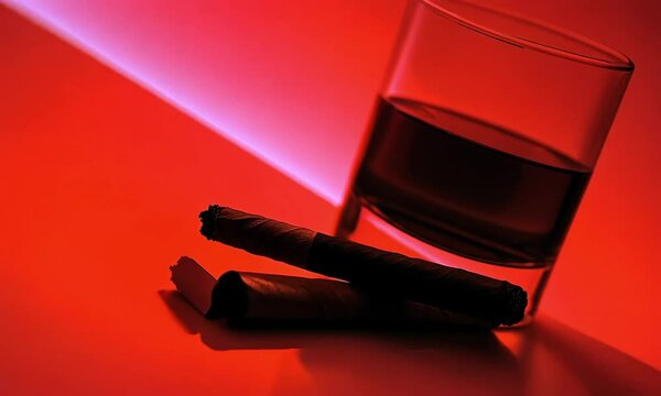 Dark cigars and liquor in vibrant red light