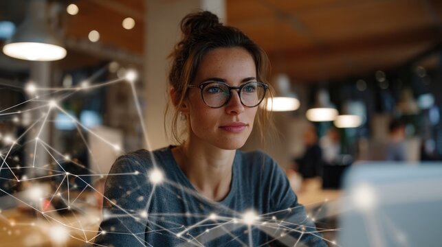 Woman with glasses looks at a laptop screen with a digital network overlay.