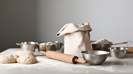 Flour spills from an open bag onto a clean countertop, while a wooden rolling pin and metallic bowls with dough suggest a busy baking session in a welcoming kitchen