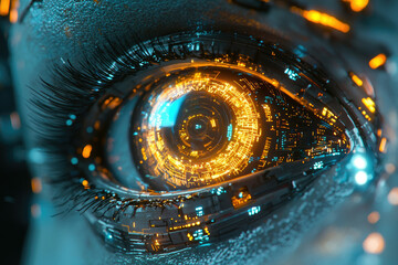 A close-up of a futuristic robotic eye with intricate circuitry glowing brightly.