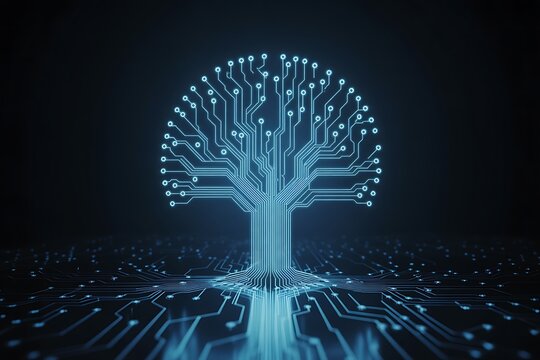 Abstract glowing blue circuit board forming a tree shape with illuminated nodes against a dark background symbolizing technology and growth