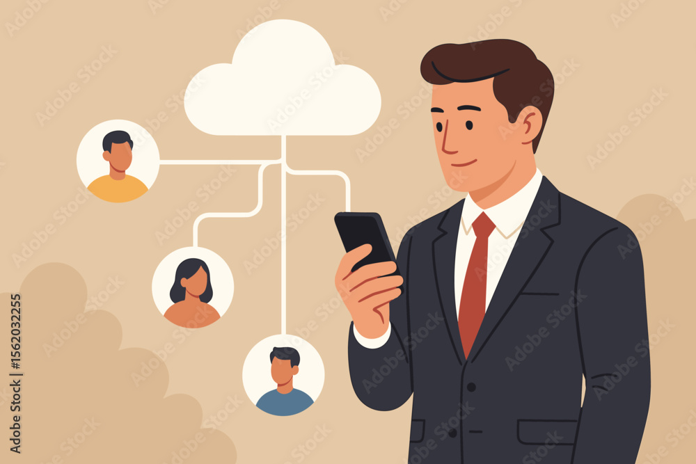 Poster businessman connecting to a cloud computing service via smartphone. customer relationship management