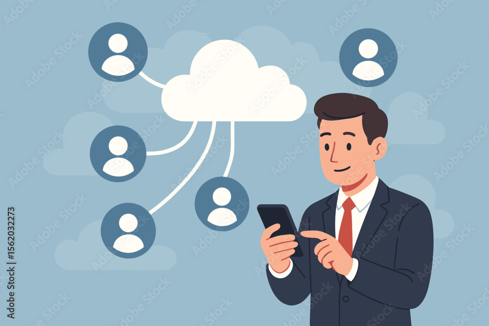Poster businessman using smartphone for cloud computing service and customer network connection. concept fo