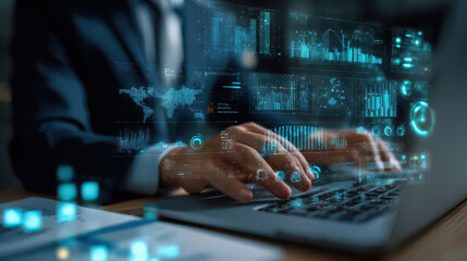 Businessman using laptop computer analyzing data digital interface